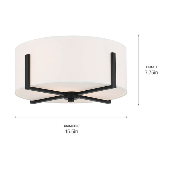 Ryker 16" Two Lights Flush Mount, White Fabric Shade / Black