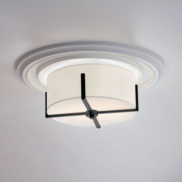 Ryker 16" Two Lights Flush Mount, White Fabric Shade / Black