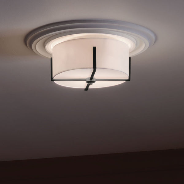 Ryker 16" Two Lights Flush Mount, White Fabric Shade / Black