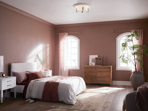 Ryker 16" Two Lights Flush Mount, White Fabric Shade / Black