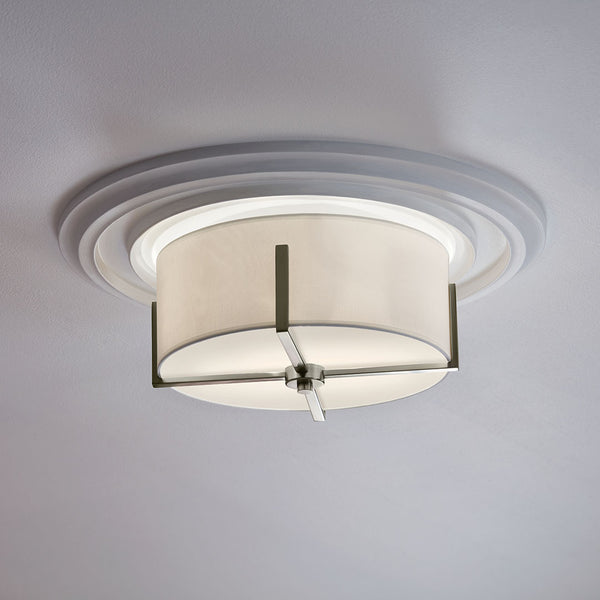 Ryker 16" Two Lights Flush Mount, White Fabric Shade / Classic Pewter