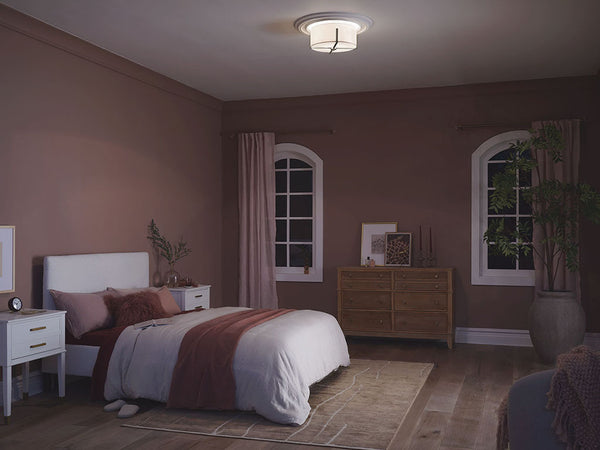 Ryker 16" Two Lights Flush Mount, White Fabric Shade / Classic Pewter