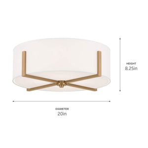Ryker 20" Four Lights Flush Mount, White Fabric Shade / Champagne Bronze