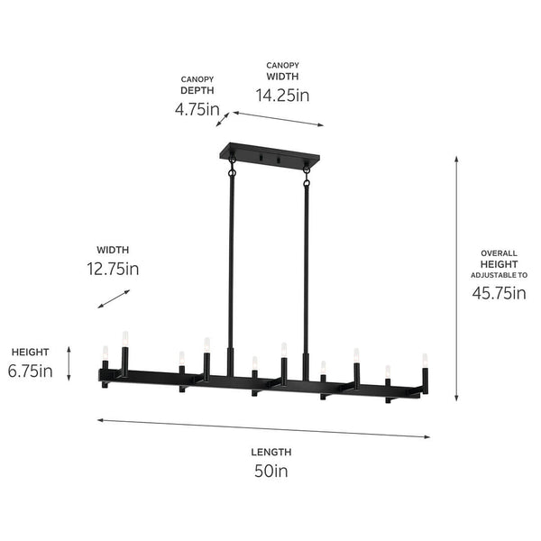 Dhane 13" Ten Lights Linear Chandelier, Black