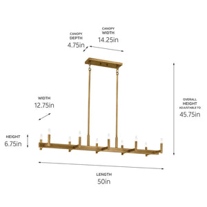 Dhane 13" Ten Lights Linear Chandelier, Natural Brass