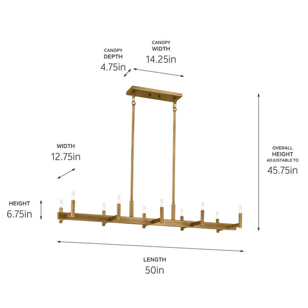 Dhane 13" Ten Lights Linear Chandelier, Natural Brass