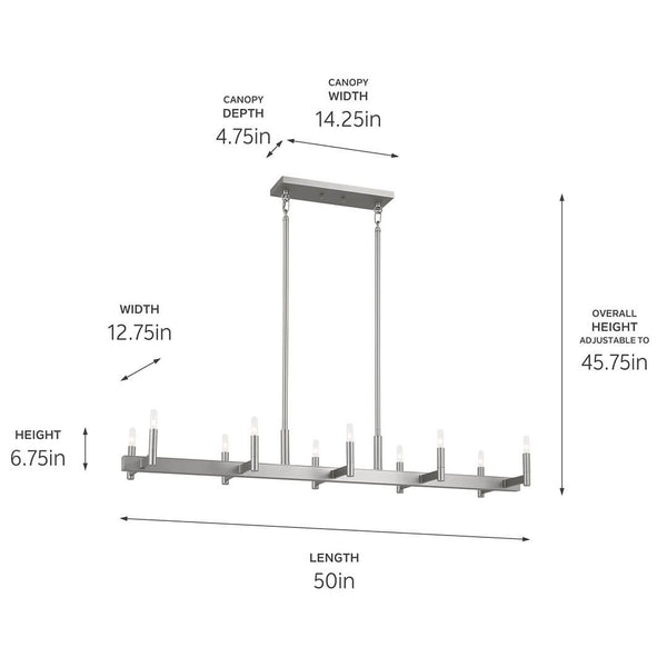 Dhane 13" Ten Lights Linear Chandelier, Satin Nickel