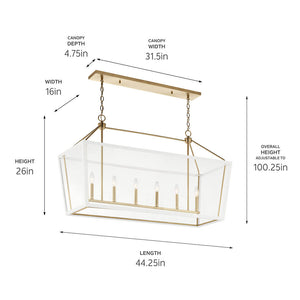 Townsend 16" Six Lights Linear Chandelier, Clear Glass / Champagne Bronze and White