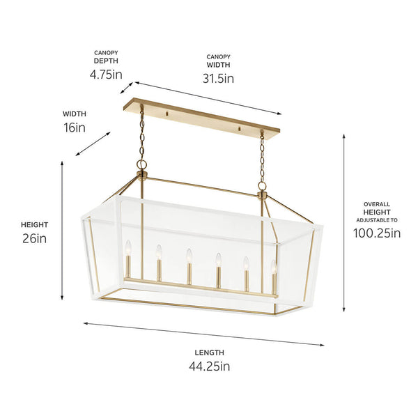 Townsend 16" Six Lights Linear Chandelier, Clear Glass / Champagne Bronze and White