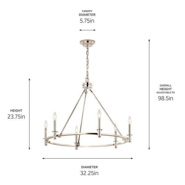Barron 32" Six Lights Chandelier, Polished Nickel
