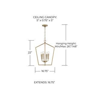 Evelin 16.75" Four Light Foyer, Aged Brass