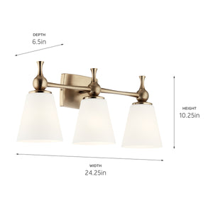 Viva 24" Three Lights Vanity Light, Etched White Glass / Champagne Bronze