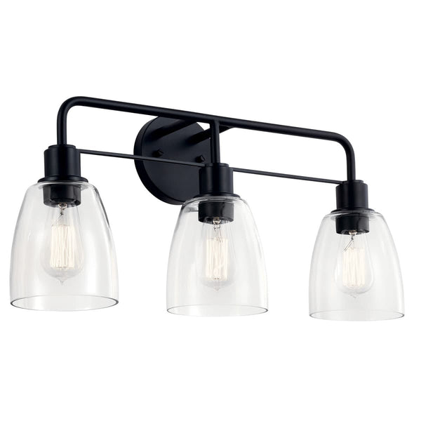 Vaughn 24" 3 Light Vanity Light, Clear Glass / Black