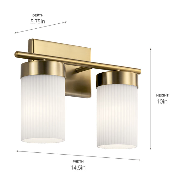 Maeve 14" Two Lights Vanity Light, Round Ribbed Glass / Brushed Natural Brass