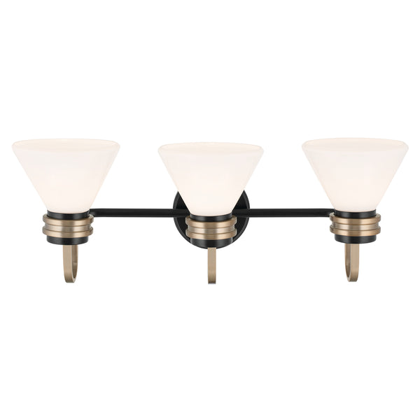 Merritt 26" Three Lights Vanity, Opal Glass / Black - Champagne Bronze
