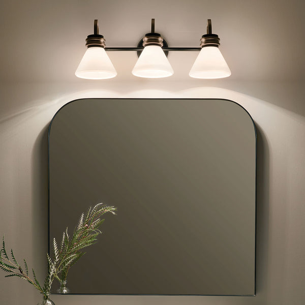 Merritt 26" Three Lights Vanity, Opal Glass / Black - Champagne Bronze