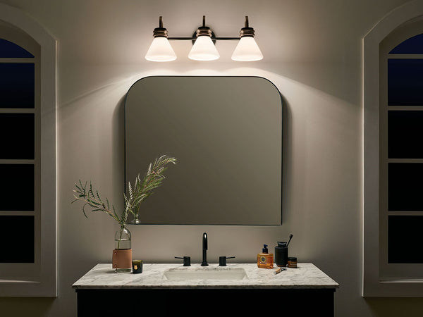 Merritt 26" Three Lights Vanity, Opal Glass / Black - Champagne Bronze