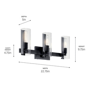 Corbin 23" Three Lights Vanity, Clear Fluted Glass / Black