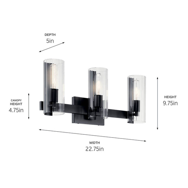 Corbin 23" Three Lights Vanity, Clear Fluted Glass / Black