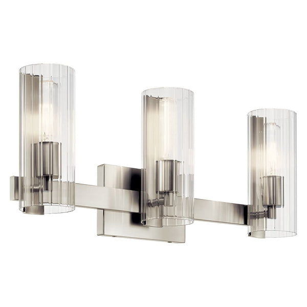 Corbin 23" 3 Light Vanity, Clear Fluted Glass / Bruhsed Nickel