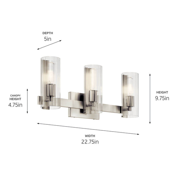 Corbin 23" Three Lights Vanity, Clear Fluted Glass / Bruhsed Nickel