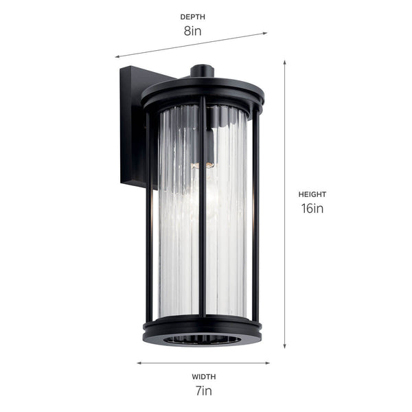 Caspian 16" One Light Outdoor Wall Light, Clear Ribbed Glass / Black