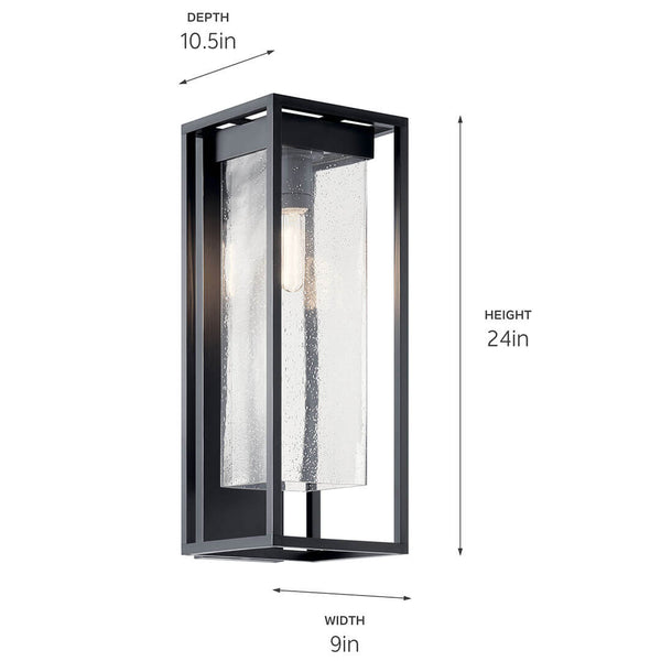 Burtrum 24" One Light Outdoor Wall Light, Clear Seeded Glass / Black, Silver Highlights