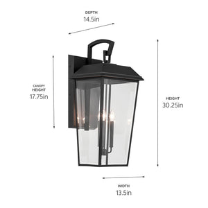 Caldwell 13" Three Lights Outdoor Wall Light, Clear Glass / Textured Black