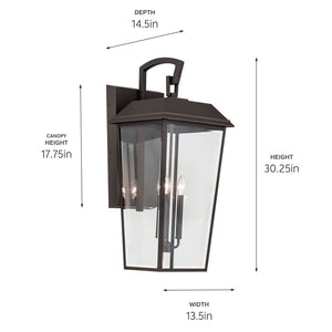 Caldwell 13" Three Lights Outdoor Wall Light, Clear Glass / Olde Bronze