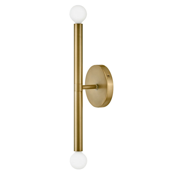 Vara 5" Two Lights Medium Tall Sconce, Lacquered Brass