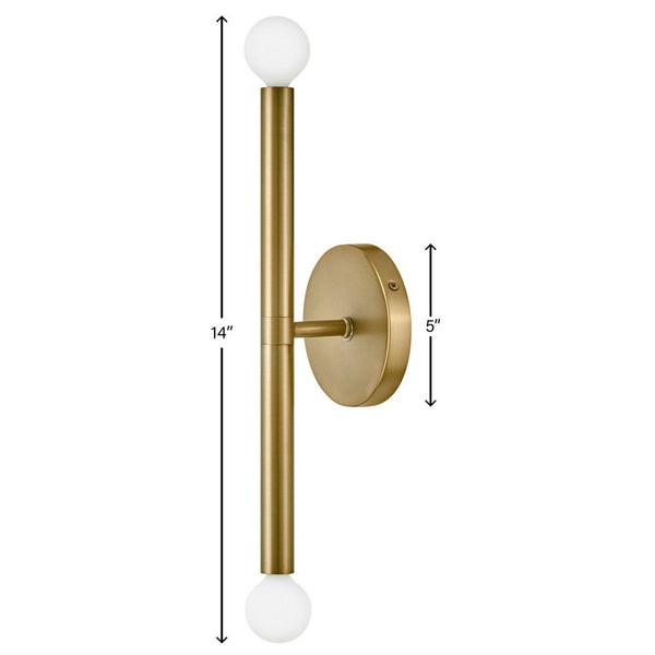 Vara 5" Two Lights Medium Tall Sconce, Lacquered Brass