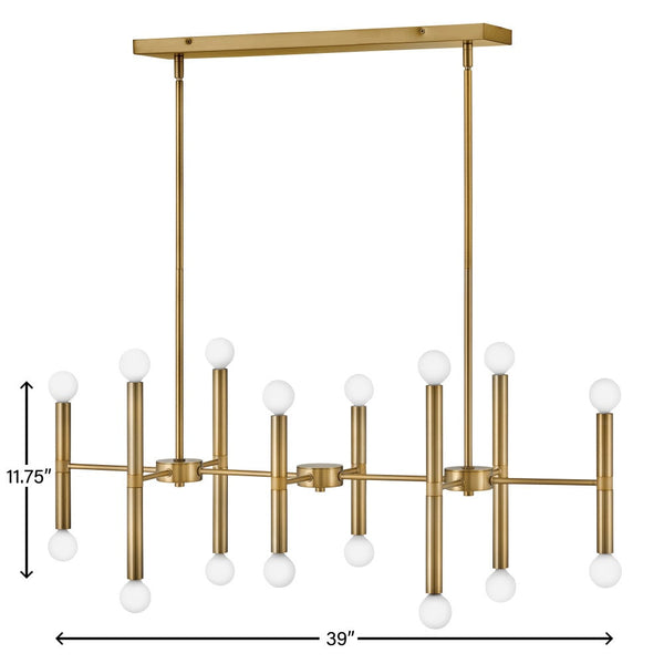 Vara 39" Sixteen Lights Large Linear Chandelier, Lacquered Brass
