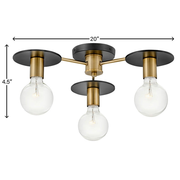 Elan 20" Three Lights Medium Semi-Flush Mount, Lacquered Brass