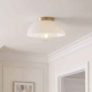 Cason 11" One Light Small Flush Mount, Lacquered Brass / Cased Opal Glass
