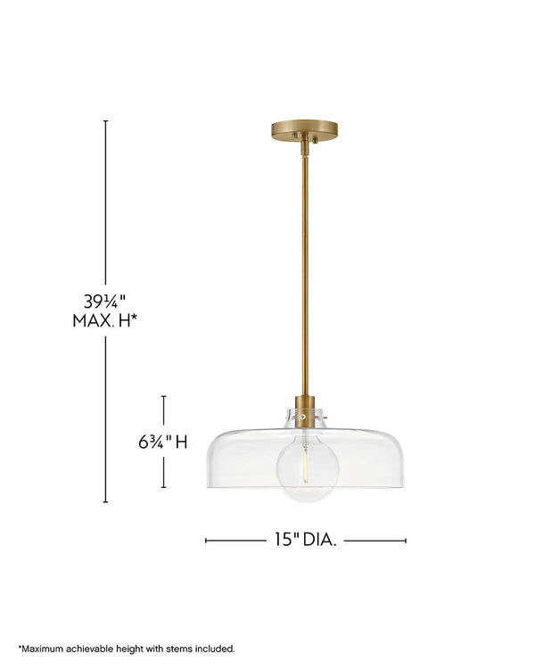 Alar 15" One Light Medium Pendant, Lacquered Brass / Clear Glass