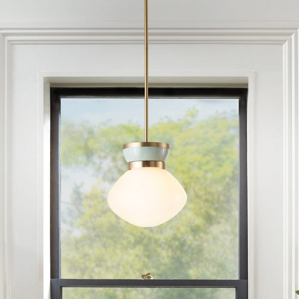 Saton 10" One Light Small Pendant, Lacquered Brass