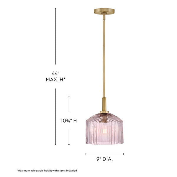 Taton 9" One Light Small Pendant, Lacquered Brass / Rose Glass