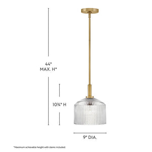 Taton 9" One Light Small Pendant, Lacquered Brass / Clear Glass