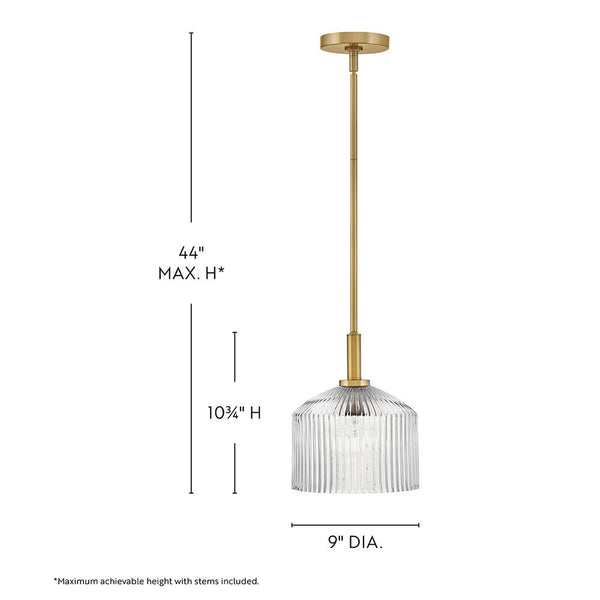 Taton 9" One Light Small Pendant, Lacquered Brass / Clear Glass