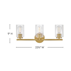 Quara 23" Three Lights Medium Vanity, Lacquered Brass