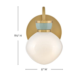 Saton 6" Small Single Light Sconce, Lacquered Brass / Seafoam