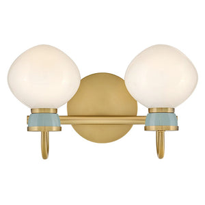 Saton 15" Two Lights Small Vanity, Lacquered Brass / Seafoam