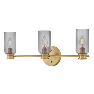 Haette 24" Three Lights Medium Vanity, Lacquered Brass / Smoke Glass