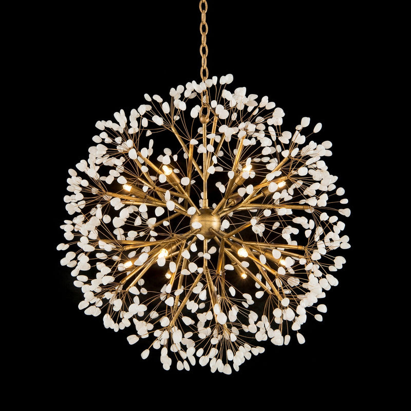 Spherical 28" Twelve Lights Stone Quartz Chandelier, Gold Leaf