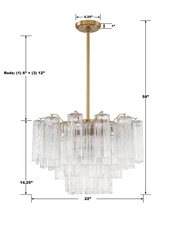 Adler 22'' Nine Light Chandelier, Aged Brass Clear