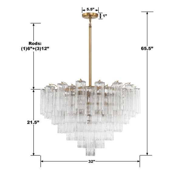 Adler 32'' 16 Light Chandelier, Aged Brass Clear