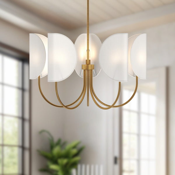 Sentaur 32" Five-Light Chandelier, Aged Gold/White Cotton Fabric