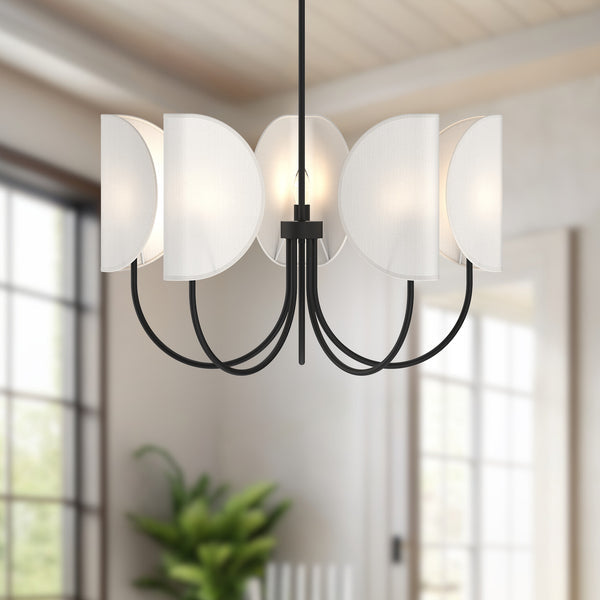 Sentaur 32" Five-Light Chandelier, Matte Black/White Cotton Fabric