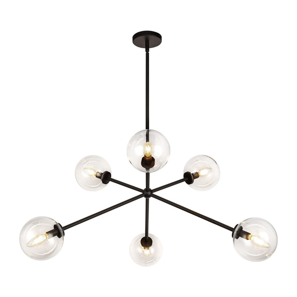 Venus 40" Six-Light Chandelier, Matte Black/Clear Glass
