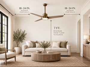 Ceiling fan clearance guide showing distance from walls and floor